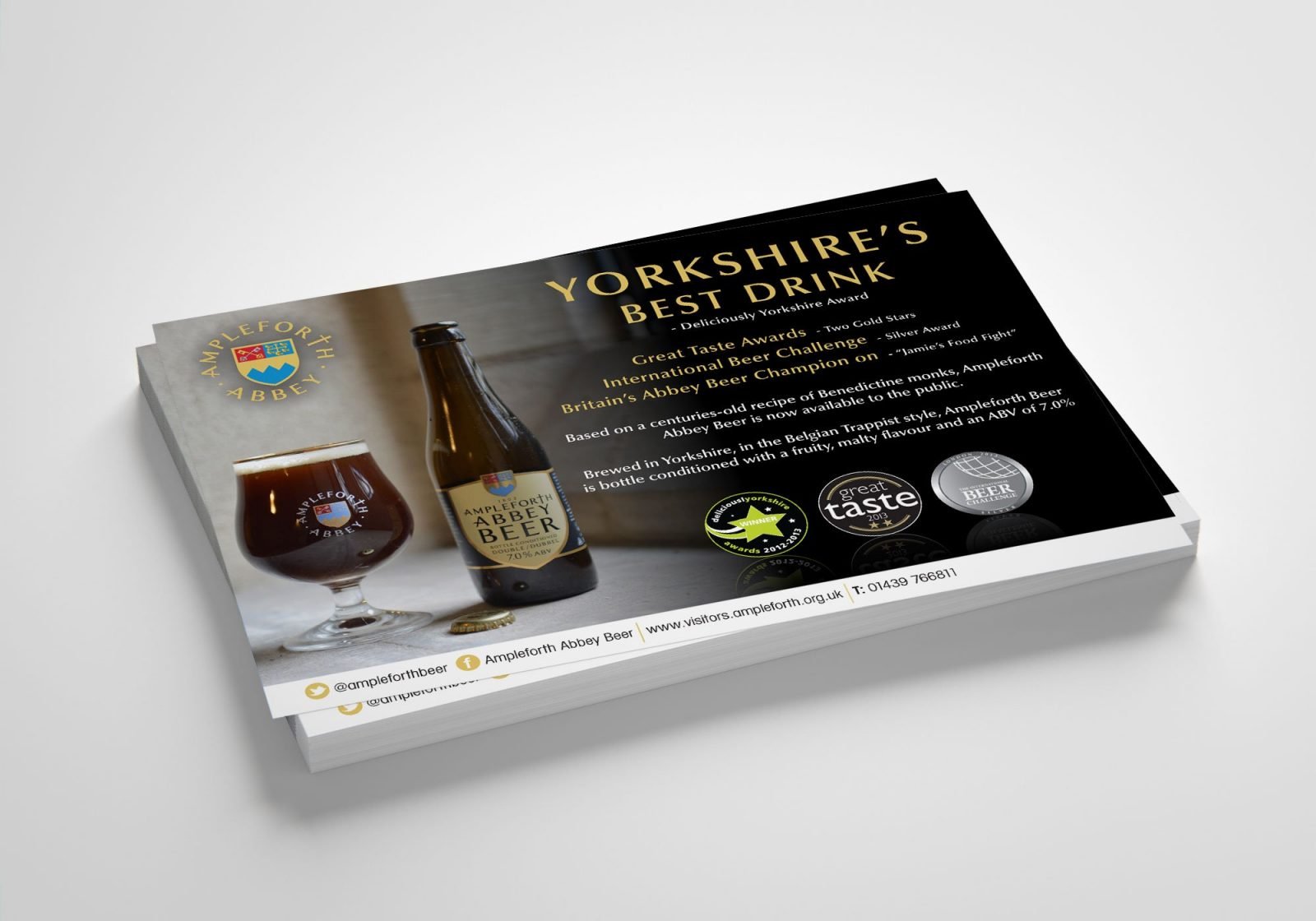 An A6 postcard design for Ampleforth Abbey Drinks range