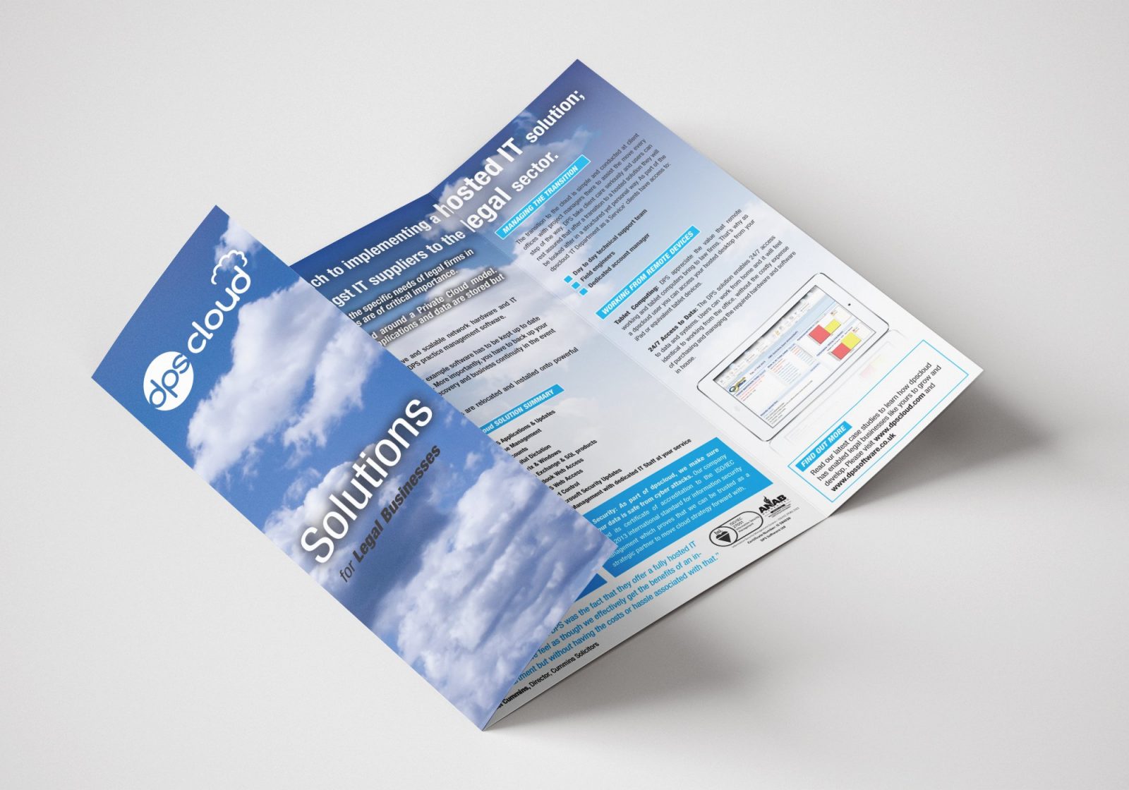 A gate folded brochure for DPS Software showing the front and inside pages