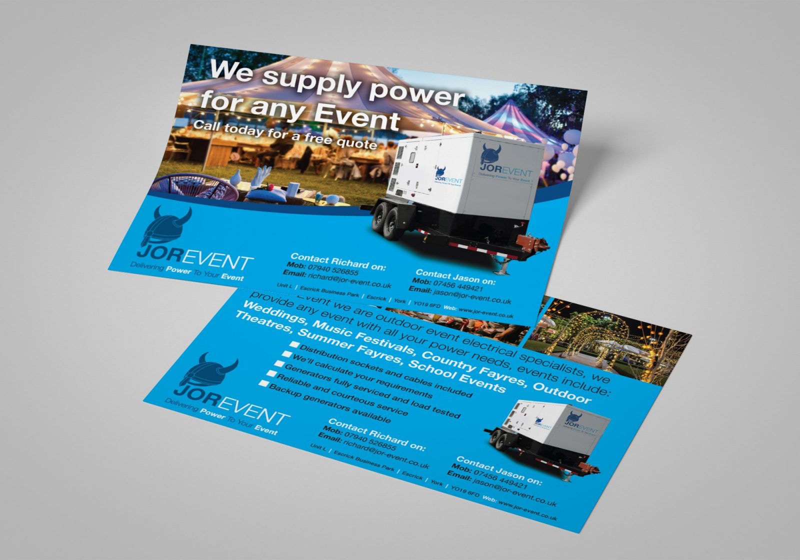 An A5 double sided flyer for Jor-Event generator hire