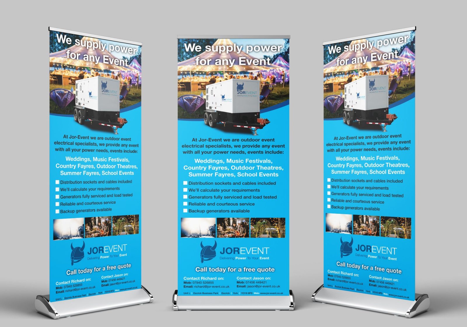 Three roller banners showing the design for Jor-Event generator hire