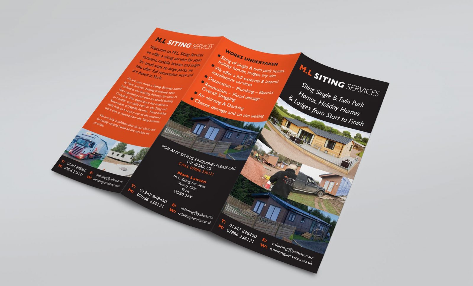 An A4 folded leaflet design for M.L Siting Services, showing the outer pages
