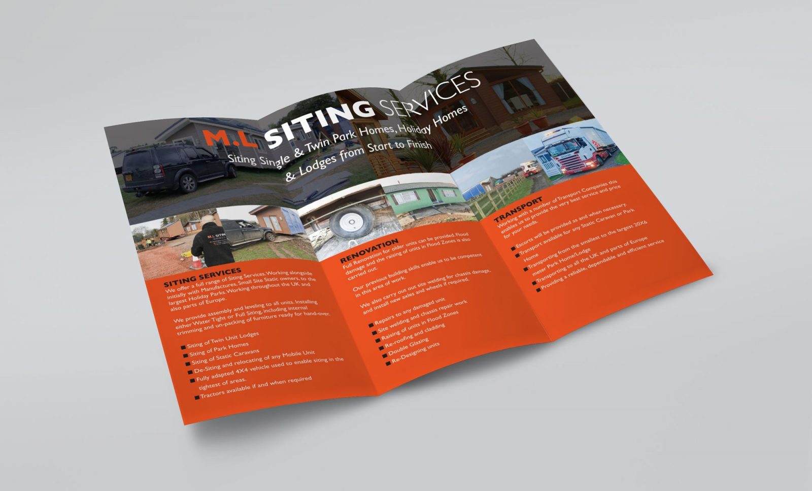 An A4 folded leaflet design for M.L Siting Services, showing the inner pages