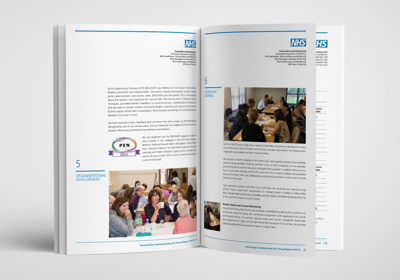 An A4 brochure design for the NHS Partnership Commissioning Unit showing an inner spread