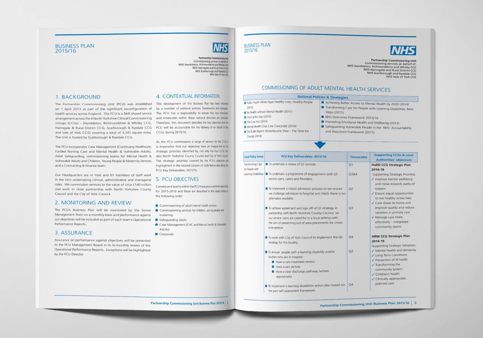 An A4 brochure design for the NHS Partnership Commissioning Unit showing an inner spread