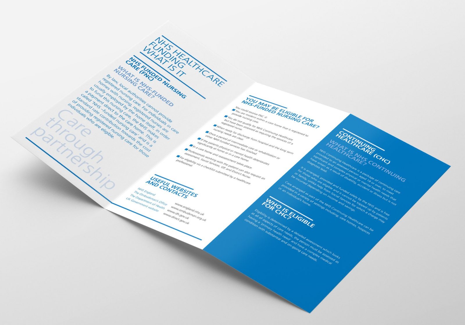 An A4 folded leaflet design for the NHS Partnership Commissioning Unit