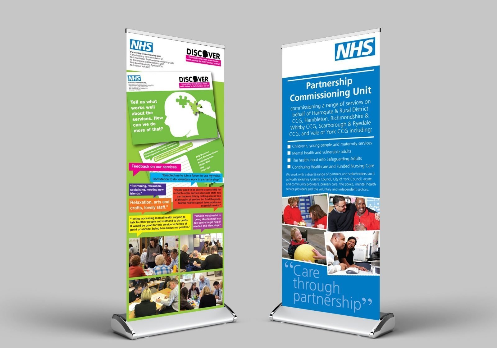 Two roller banner designs for the NHS Partnership Commissioning Unit