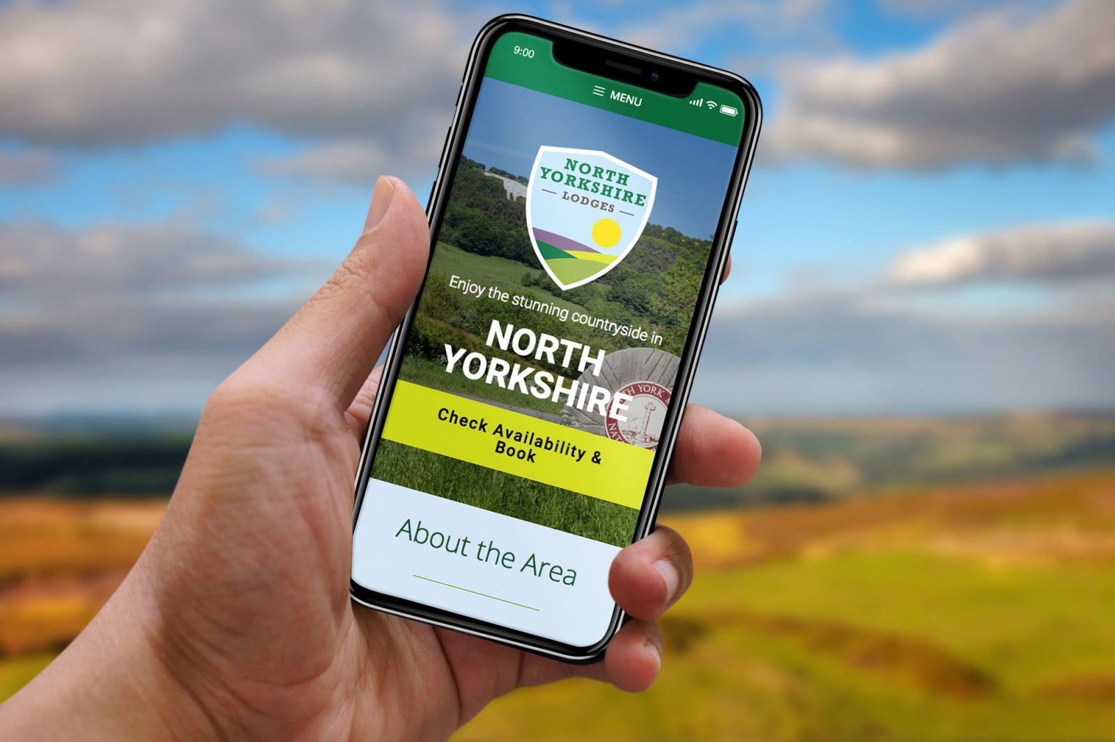 A phone showing the home page for North Yorkshire Lodges website design