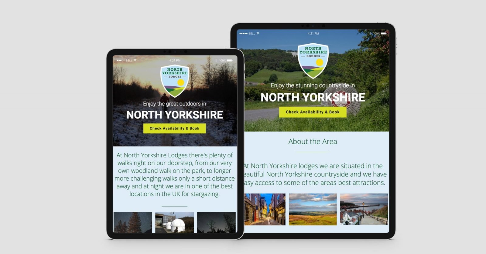 Two ipads showing the home page for North Yorkshire Lodges website design