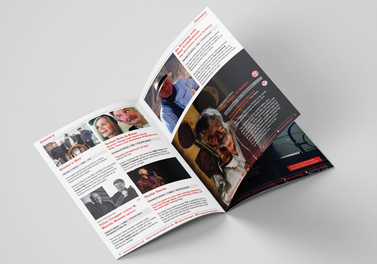 A brochure design for Square Chapel centre for the Arts in Halifax showing the inside pages
