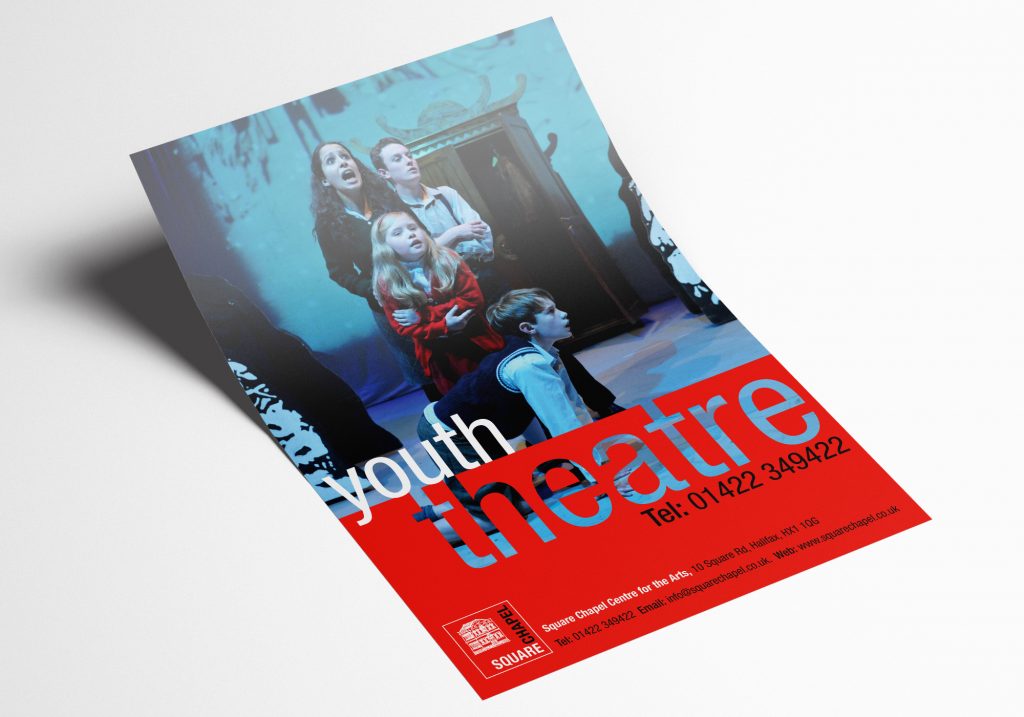 An A5 flyer design for the youth Theatre at Square Chapel centre for the Arts in Halifax