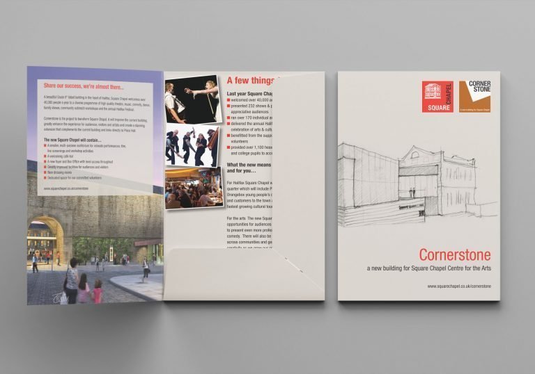 An A5 folder and inserts design for Square Chapel centre for the Arts in Halifax