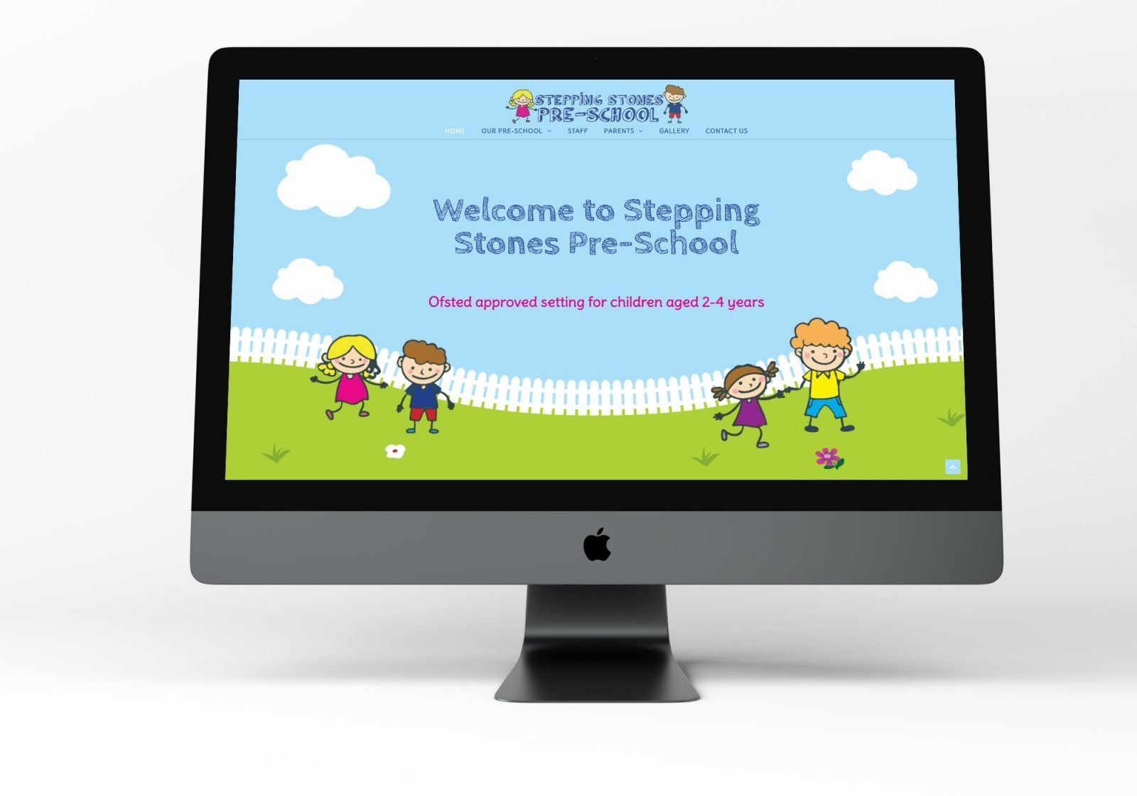 A omputer showing the home page for Stepping Stones Pre-School website design
