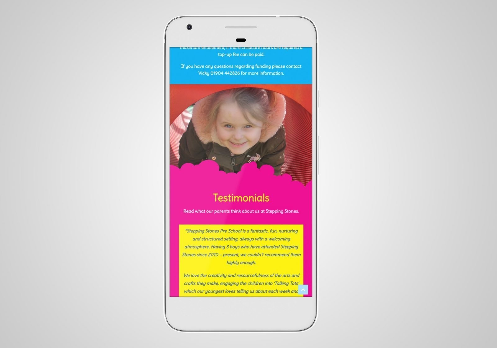 A phone showing the home page for Stepping Stones Pre-School website design