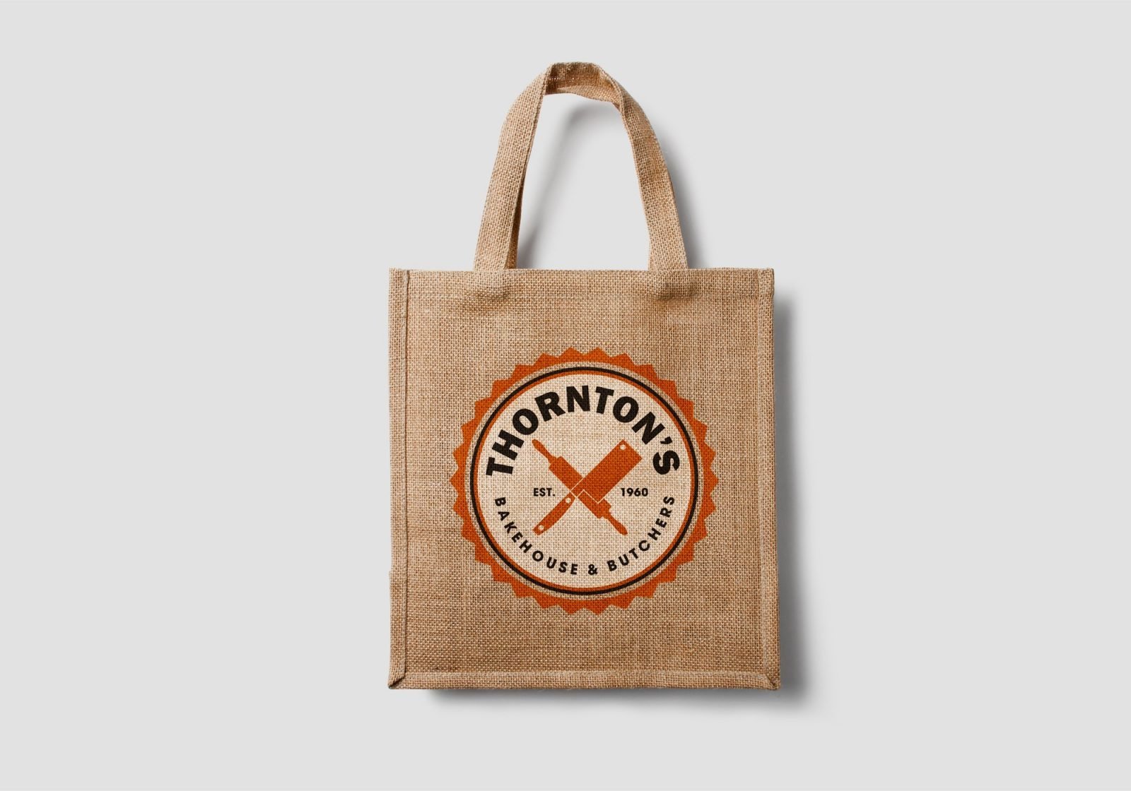 A hessian bag design for Thornton's Butchers and Bakehouse showing the logo