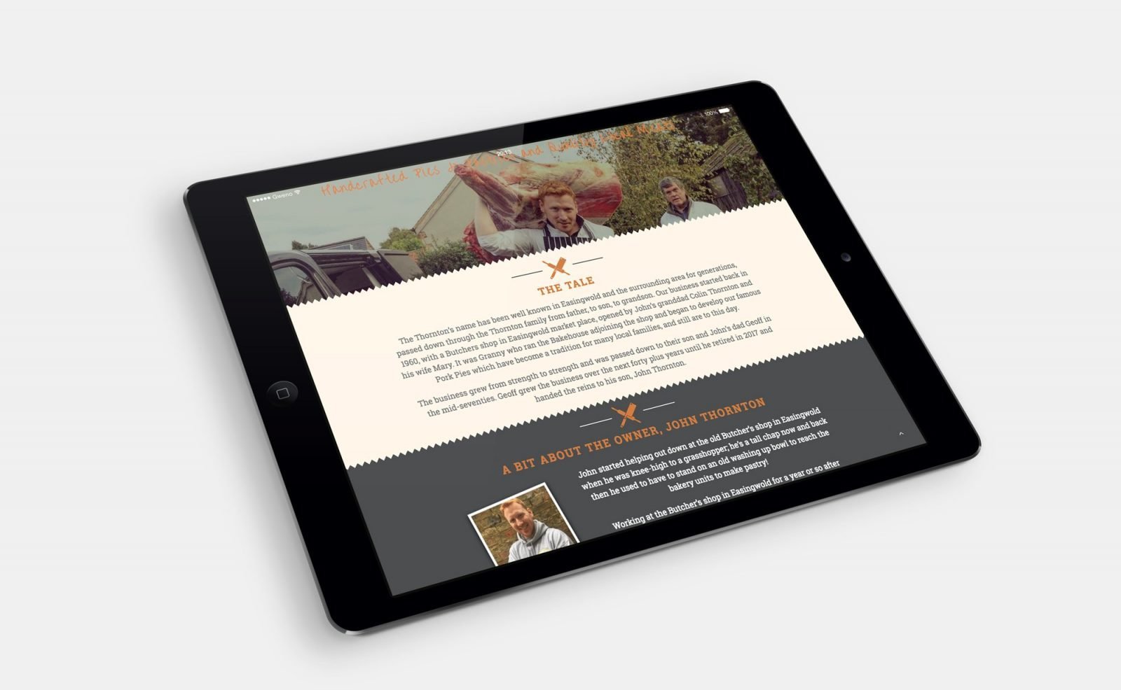 An ipad showing the home page for Thornton's Butchers and Bakehouse website design