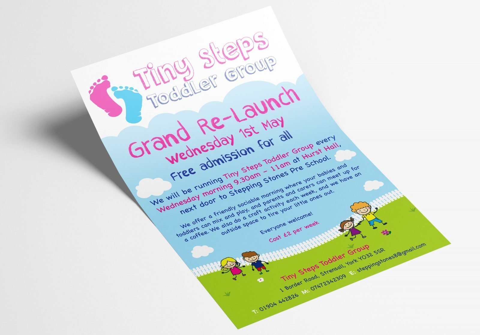 A5 Leaflet for Tiny Steps toddler group grand launch